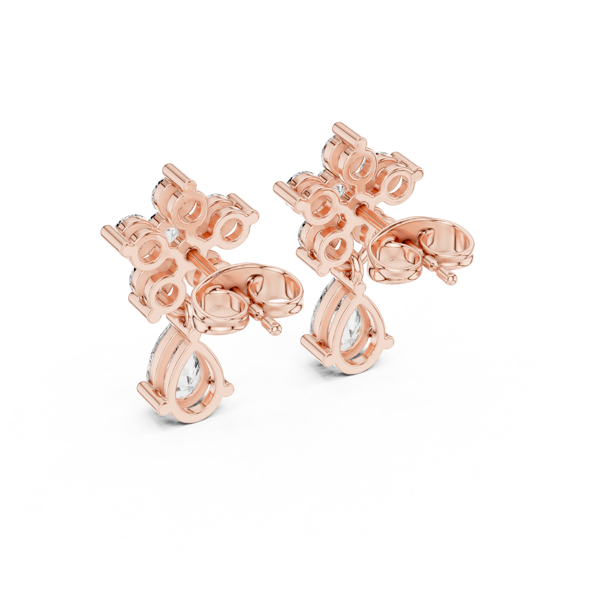 Pear Round Cut Lab Grown Diamond Petal Cluster Stud Earrings in Rose Gold