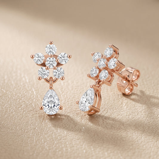 Pear Round Cut Lab Grown Diamond Petal Cluster Stud Earrings in Rose Gold
