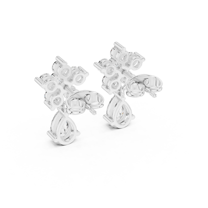 Pear Round Cut Lab Grown Diamond Petal Cluster Stud Earrings in White Gold