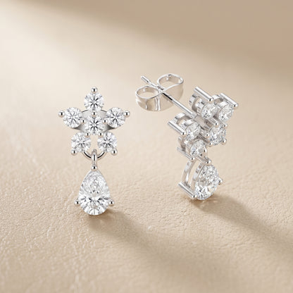 Pear Round Cut Lab Grown Diamond Petal Cluster Stud Earrings in Platinum