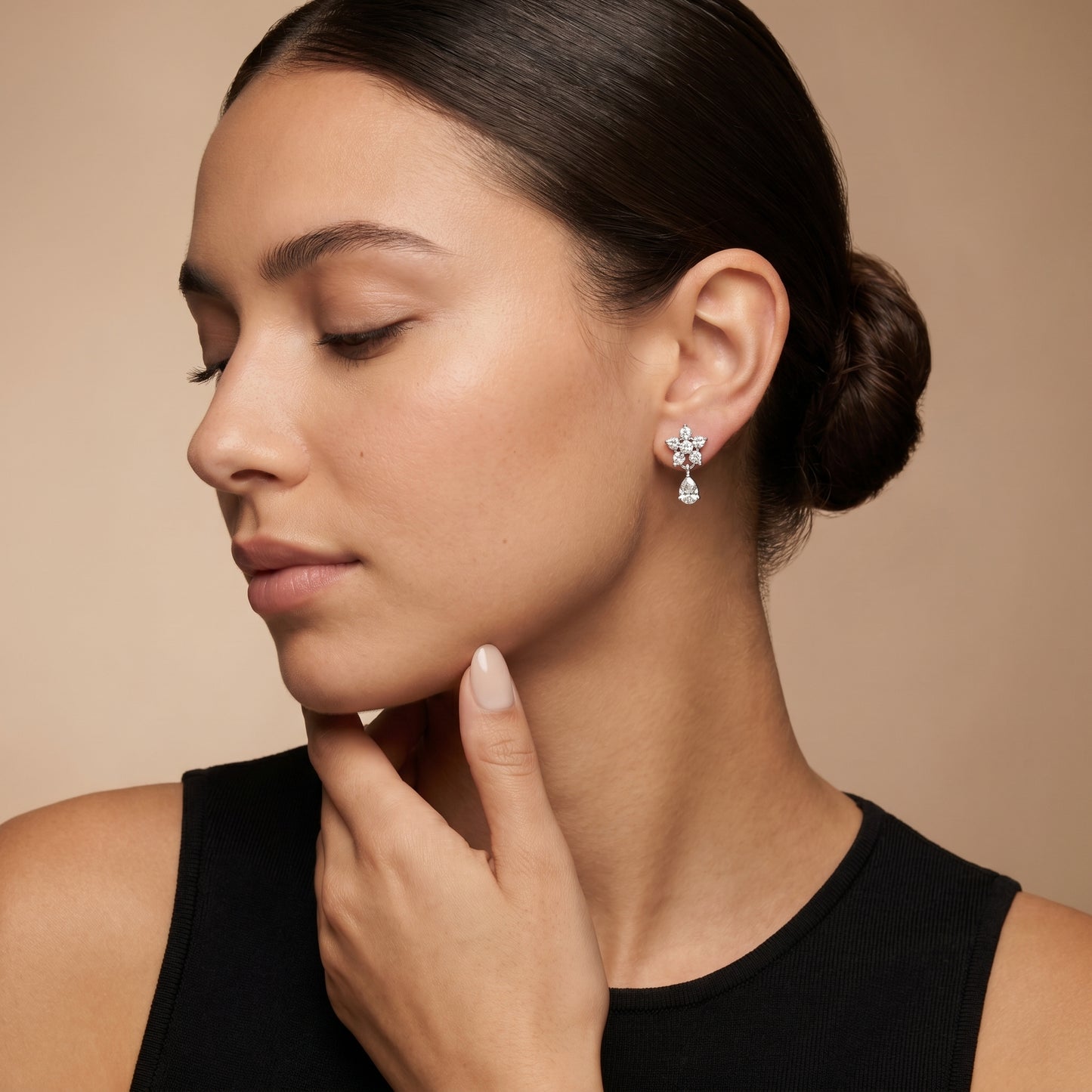 Pear Round Cut Lab Grown Diamond Petal Cluster Stud Earrings in Silver
