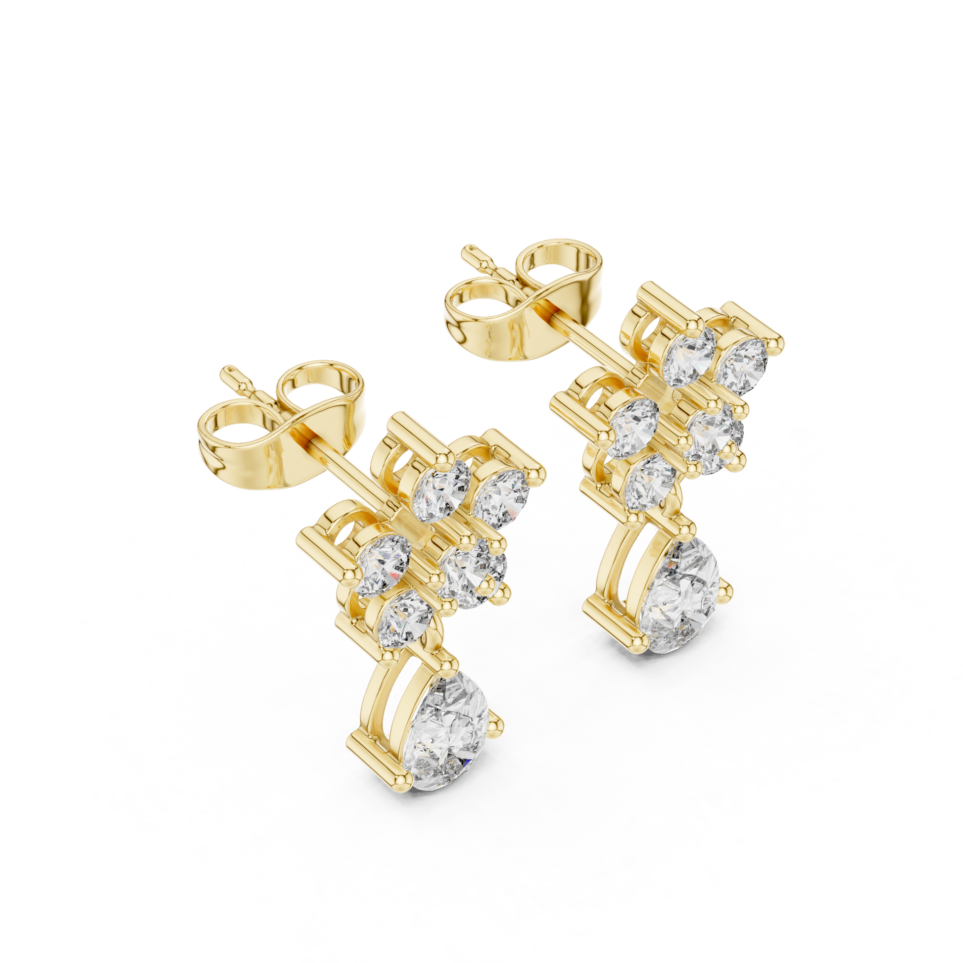 Pear Round Cut Lab Grown Diamond Petal Cluster Stud Earrings in Yellow Gold