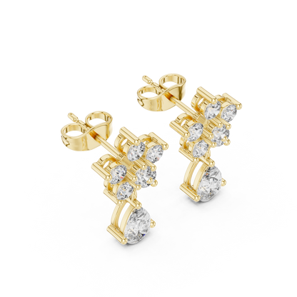 Pear Round Cut Lab Grown Diamond Petal Cluster Stud Earrings in Yellow Gold