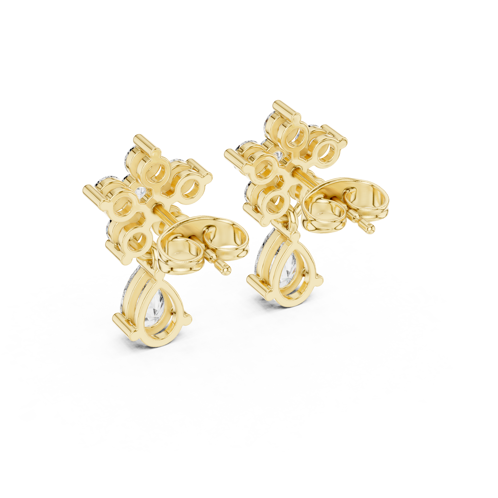 Pear Round Cut Lab Grown Diamond Petal Cluster Stud Earrings in Yellow Gold