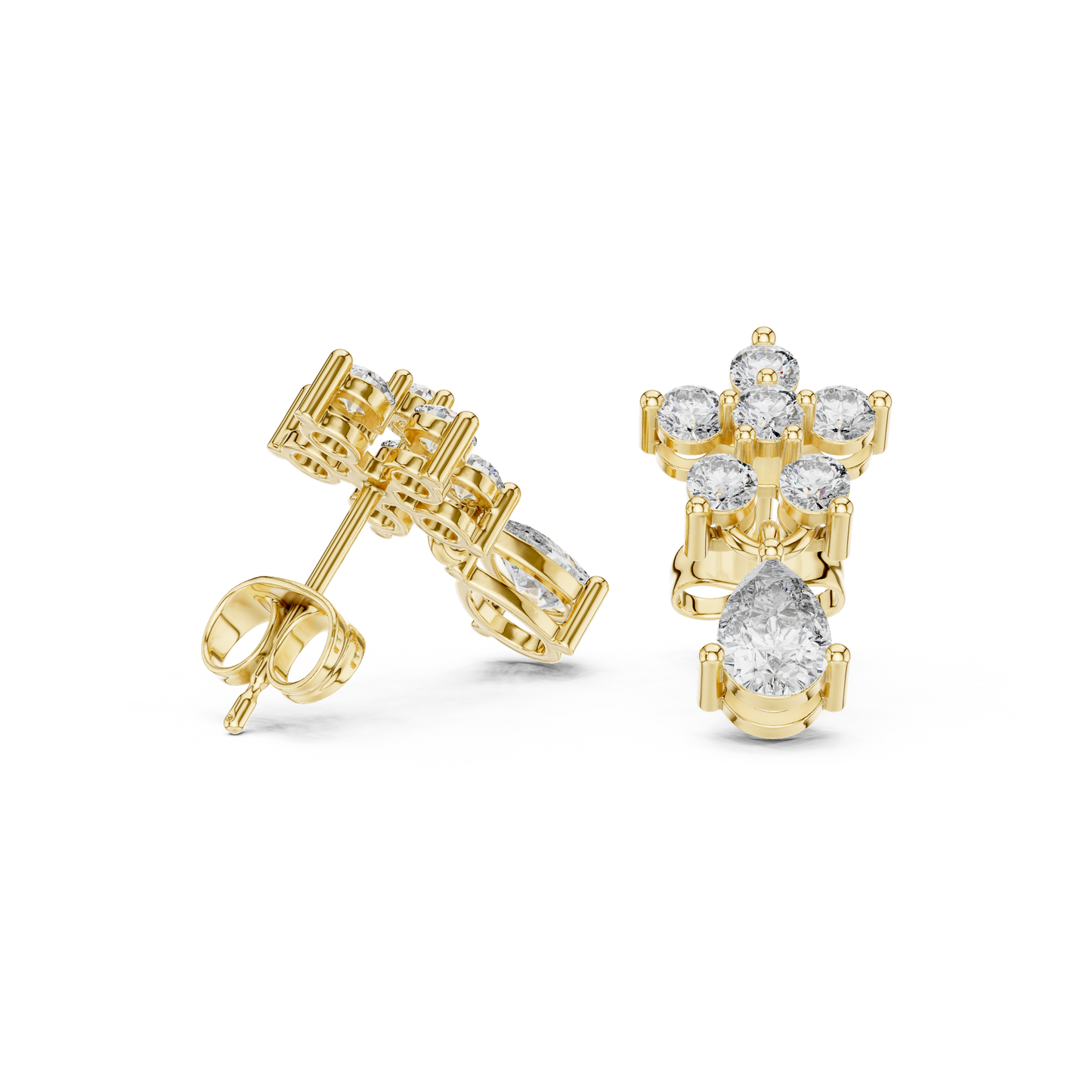 Pear Round Cut Lab Grown Diamond Petal Cluster Stud Earrings in Yellow Gold