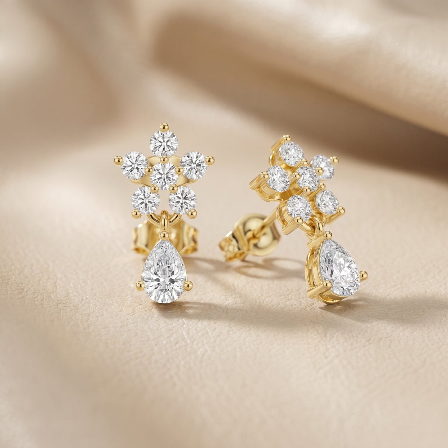Pear Round Cut Lab Grown Diamond Petal Cluster Stud Earrings in Yellow Gold