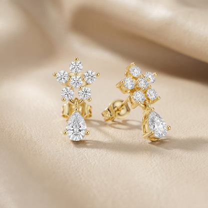 Pear Round Cut Lab Grown Diamond Petal Cluster Stud Earrings in Yellow Gold