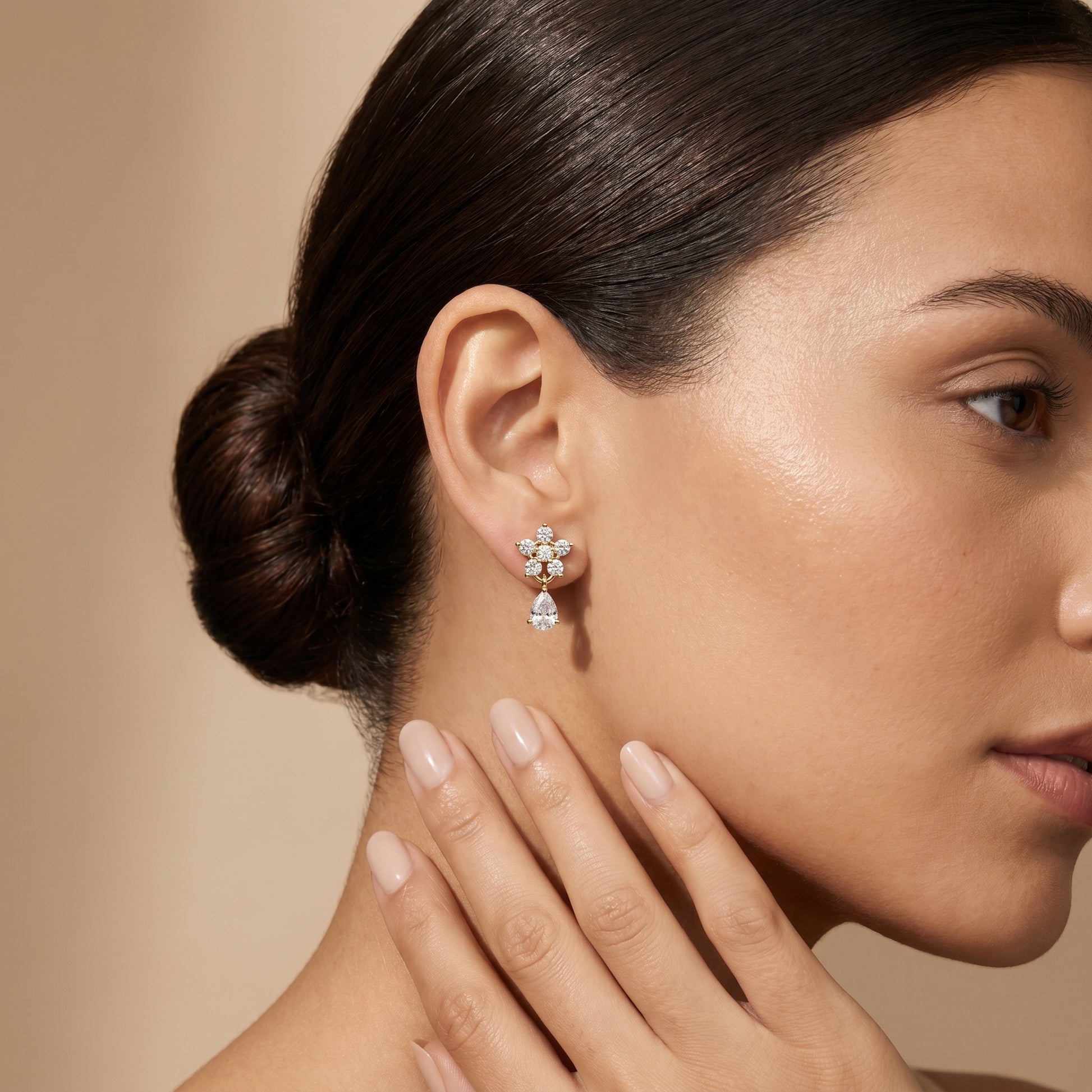 Pear Round Cut Lab Grown Diamond Petal Cluster Stud Earrings in Yellow Gold