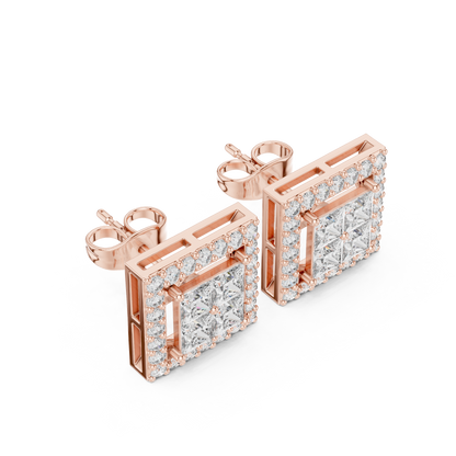 Princess Round Cut Lab Grown Diamond Stud Earrings in Rose Gold