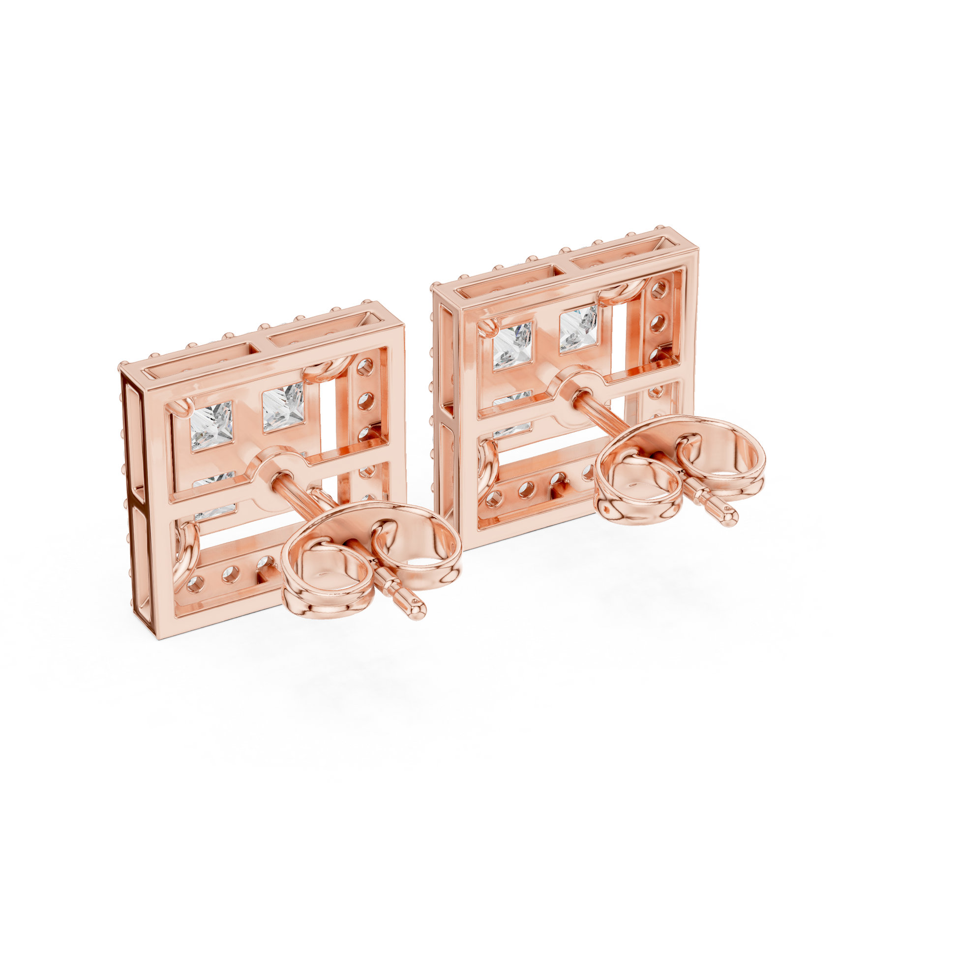 Princess Round Cut Lab Grown Diamond Stud Earrings in Rose Gold