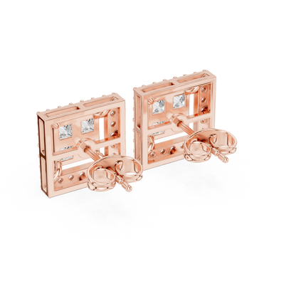 Princess Round Cut Lab Grown Diamond Stud Earrings in Rose Gold