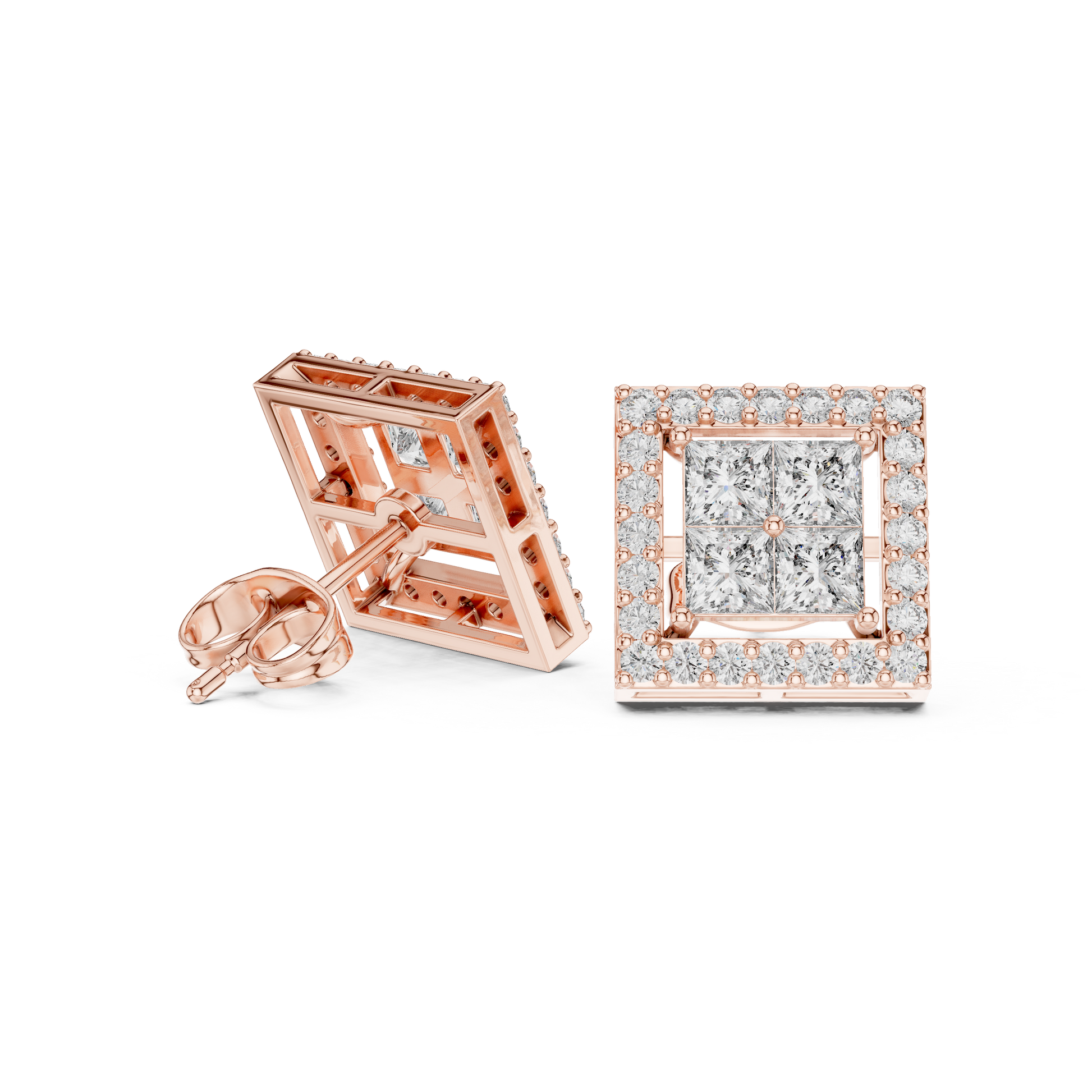 Princess Round Cut Lab Grown Diamond Stud Earrings in Rose Gold