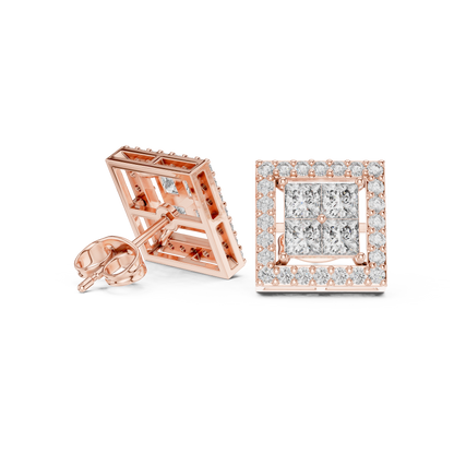 Princess Round Cut Lab Grown Diamond Stud Earrings in Rose Gold