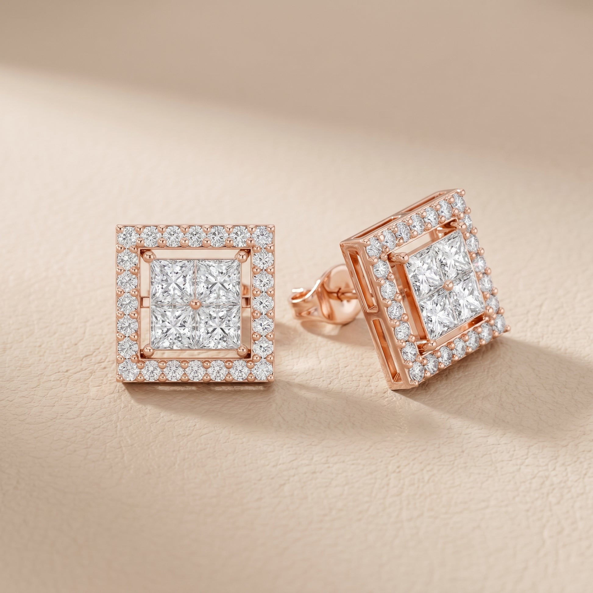 Princess Round Cut Lab Grown Diamond Stud Earrings in Rose Gold