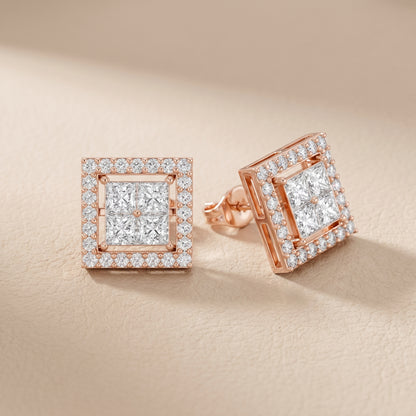 Princess Round Cut Lab Grown Diamond Stud Earrings in Rose Gold