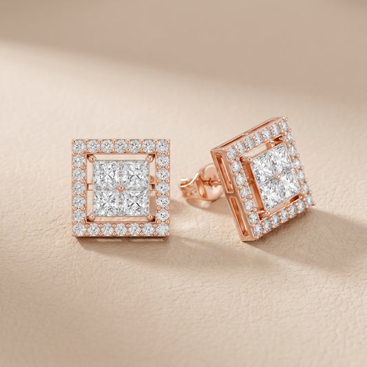 Princess Round Cut Lab Grown Diamond Stud Earrings in Rose Gold