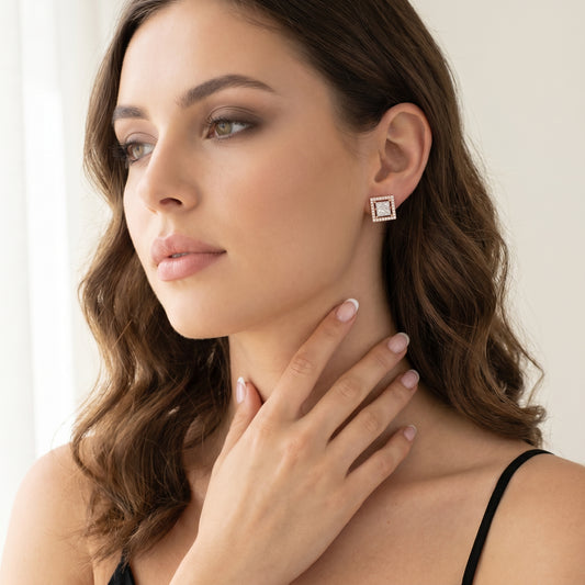 Princess Round Cut Lab Grown Diamond Stud Earrings in Rose Gold