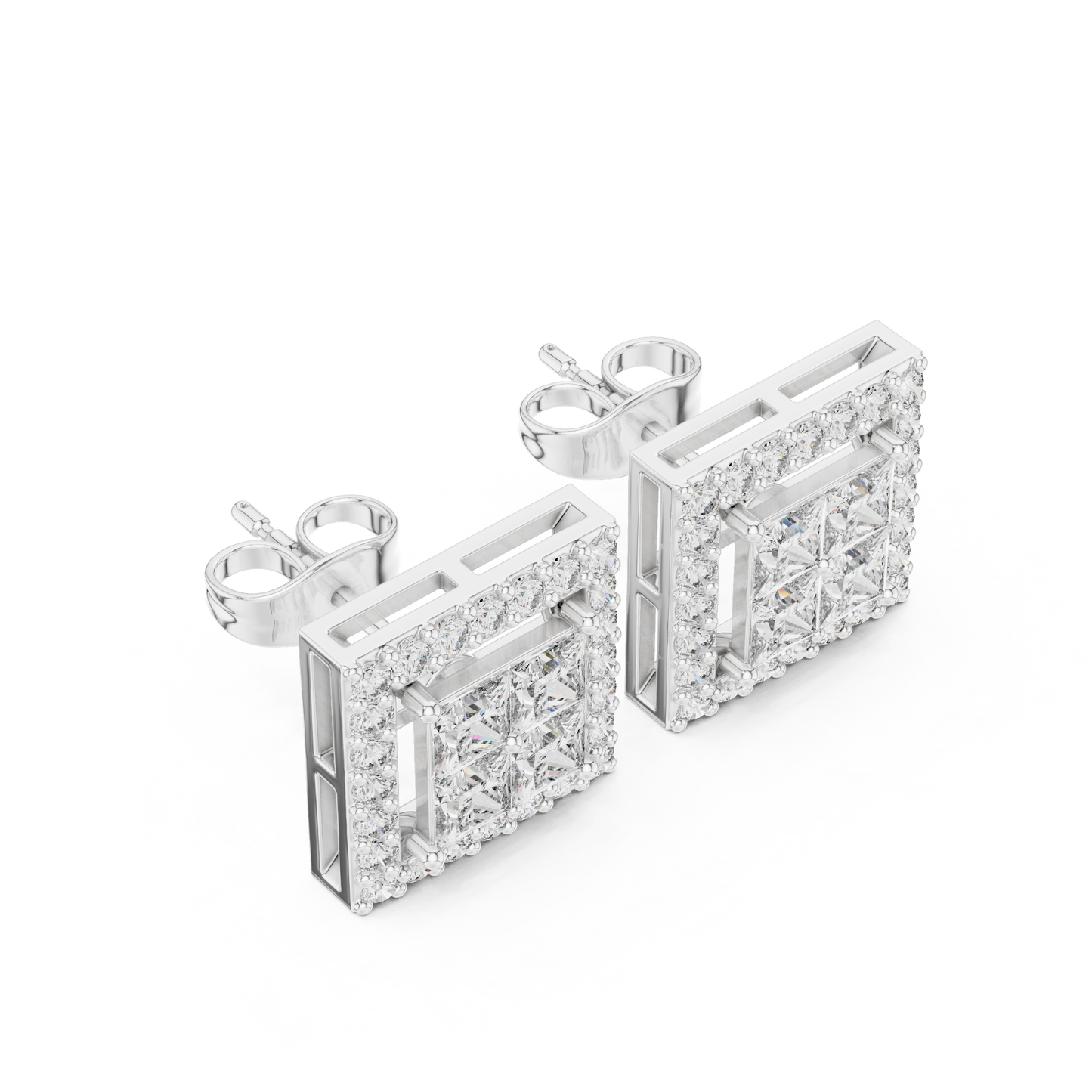 Princess Round Cut Lab Grown Diamond Stud Earrings in White Gold