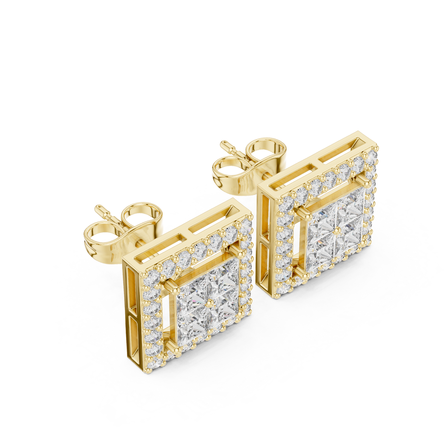 Princess Round Cut Lab Grown Diamond Stud Earrings in Yellow Gold