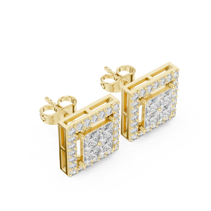 Princess Round Cut Lab Grown Diamond Stud Earrings in Yellow Gold