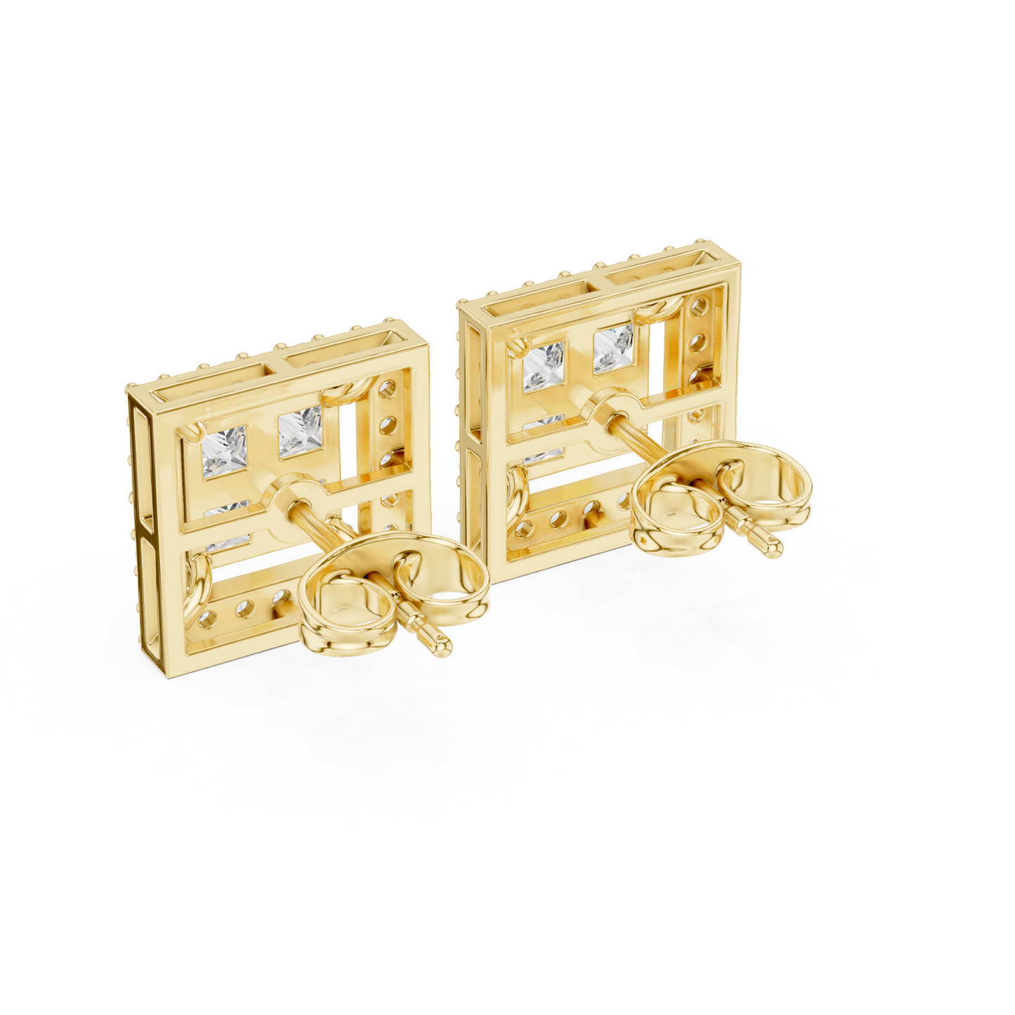Princess Round Cut Lab Grown Diamond Stud Earrings in Yellow Gold