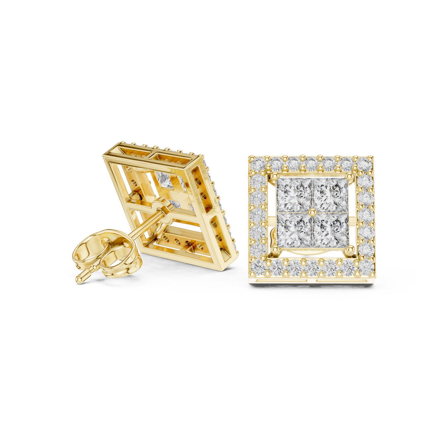 Princess Round Cut Lab Grown Diamond Stud Earrings in Yellow Gold