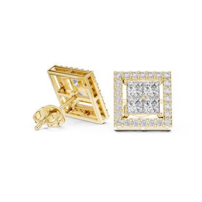 Princess Round Cut Lab Grown Diamond Stud Earrings in Yellow Gold
