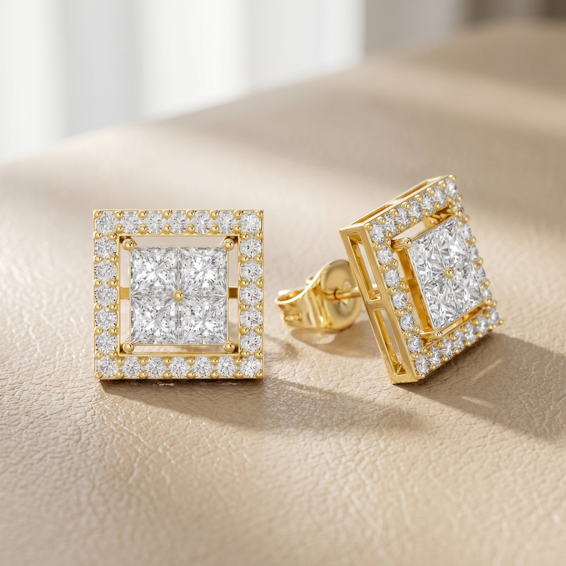 Princess Round Cut Lab Grown Diamond Stud Earrings in Yellow Gold
