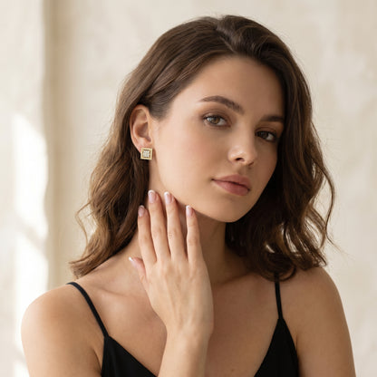 Princess Round Cut Lab Grown Diamond Stud Earrings in Yellow Gold