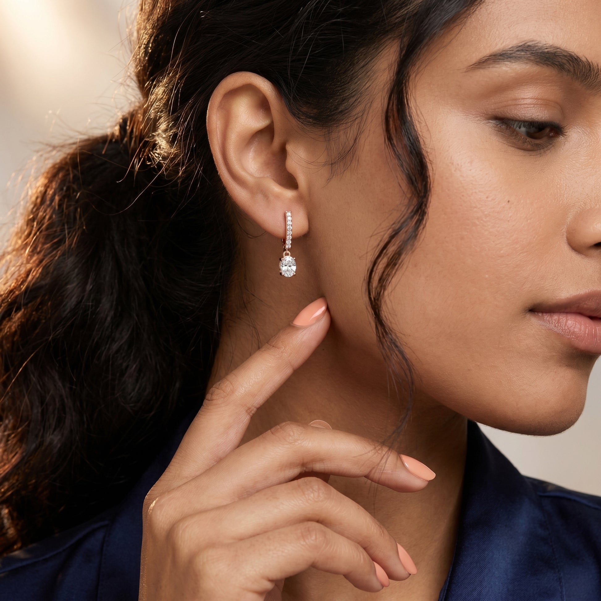 Oval Round Cut Lab Grown Diamond Hoop Earrings in Rose Gold