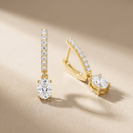 Oval Round Cut Lab Grown Diamond Hoop Earrings in Yellow Gold