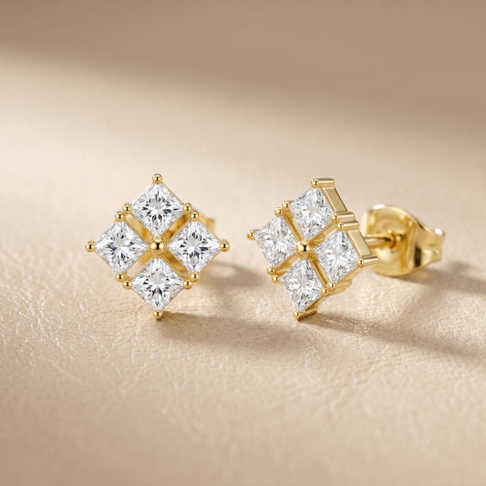Princess Cut Lab Grown Diamond Stud Earrings in Yellow Gold