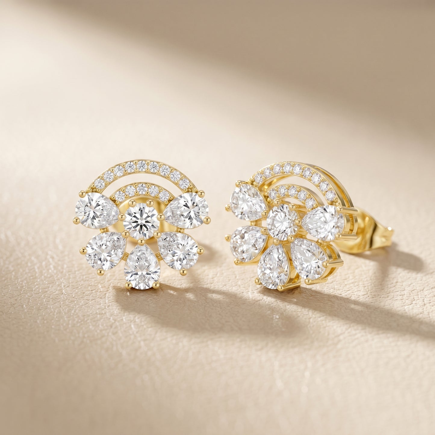 Pear Round Cut Lab Grown Diamond Stud Earrings in Yellow Gold