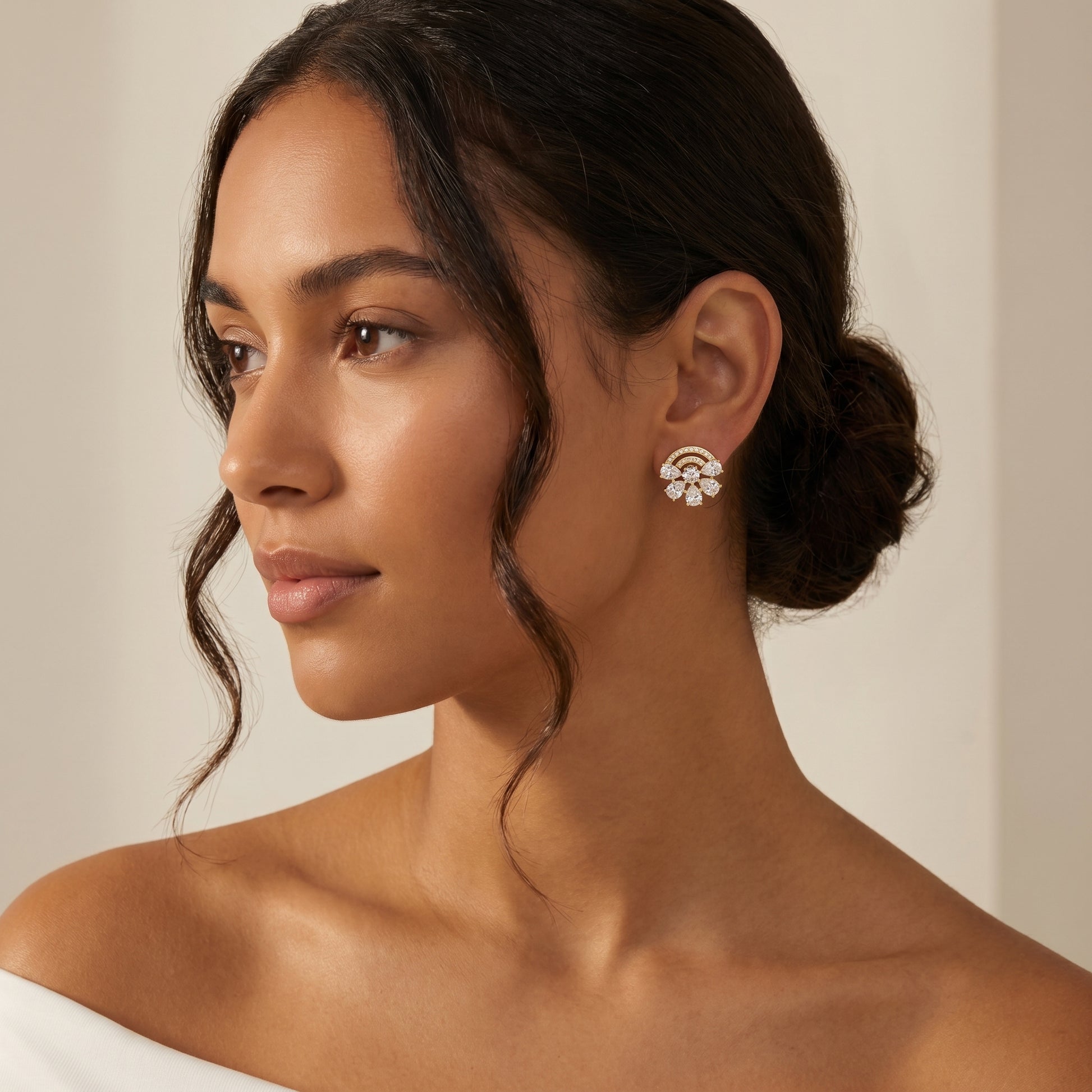 Pear Round Cut Lab Grown Diamond Stud Earrings in Yellow Gold