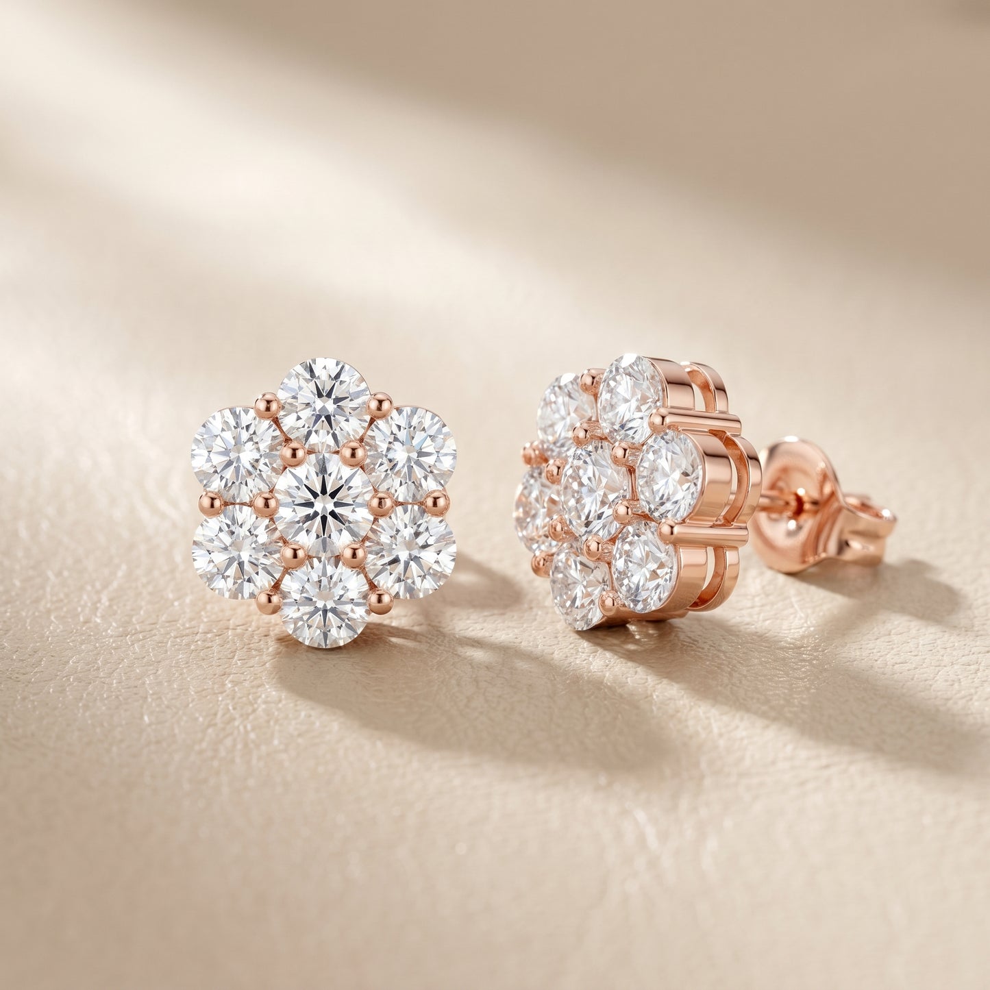 Round Cut Lab Grown Diamond Daisy Stud Earrings in Rose Gold