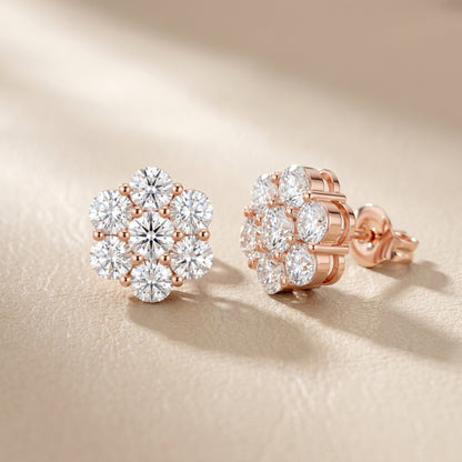 Round Cut Lab Grown Diamond Daisy Stud Earrings in Rose Gold