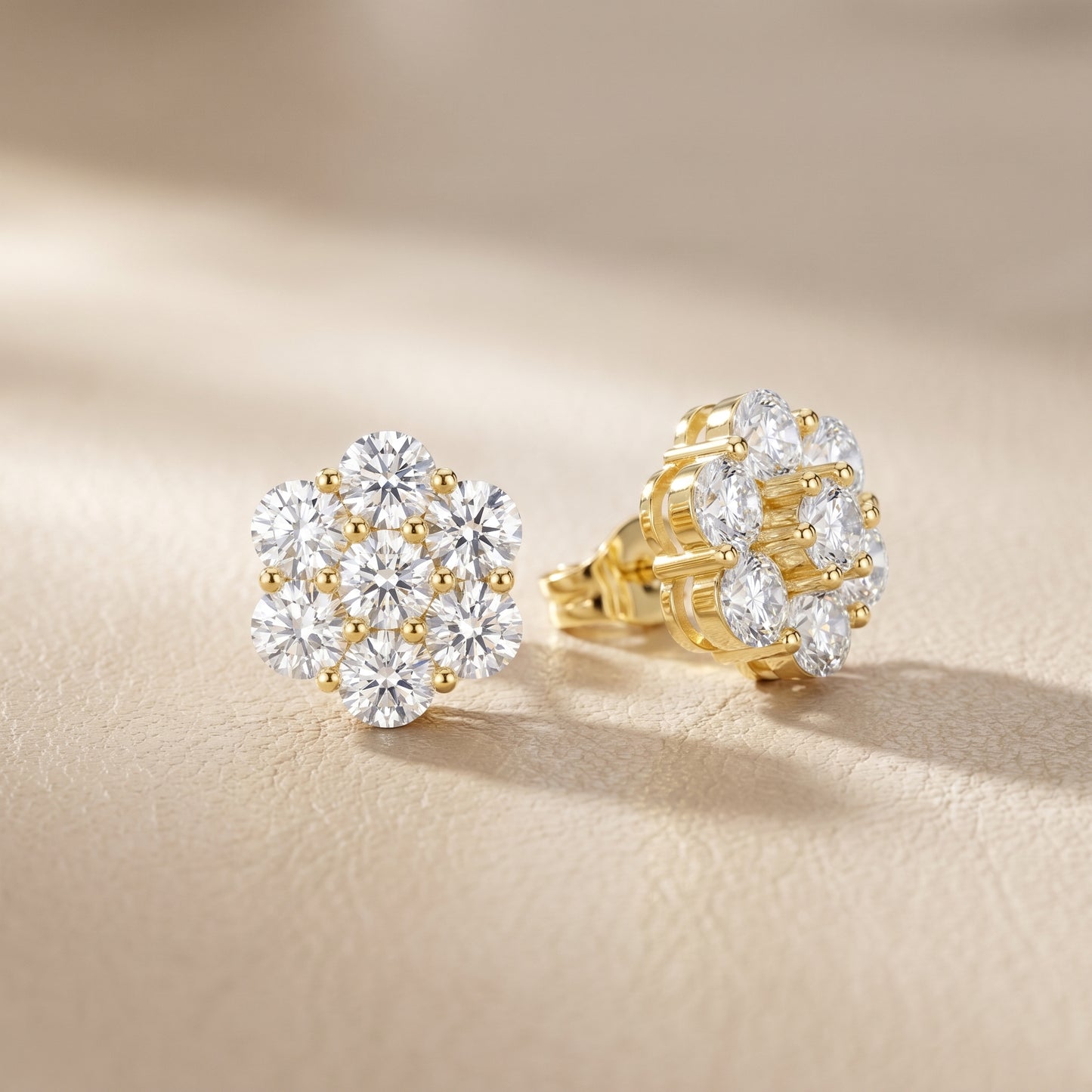 Round Cut Lab Grown Diamond Daisy Stud Earrings in Yellow Gold