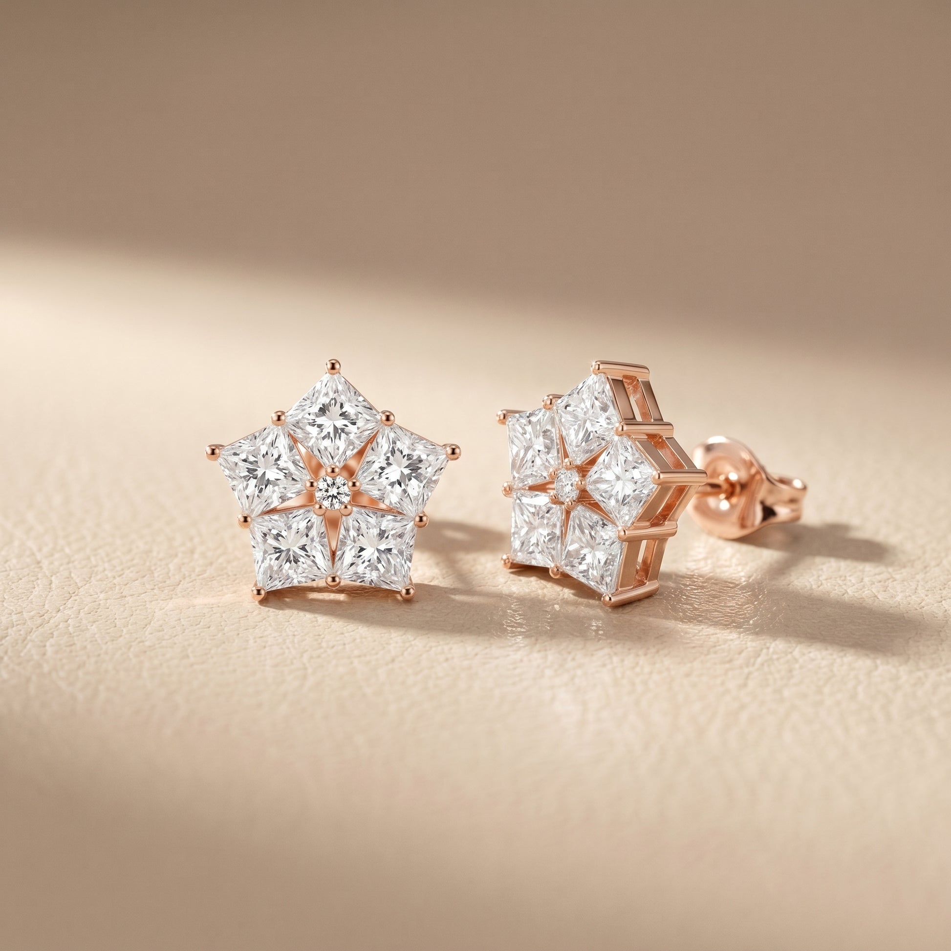 Princess Cut Lab Grown Diamond Stud Earrings in Rose Gold