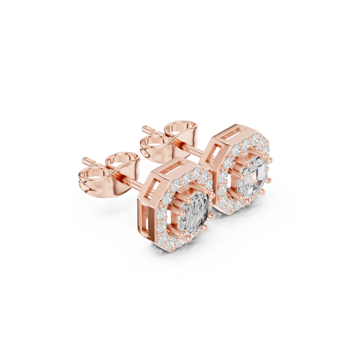 Asscher Round Cut Lab Grown Diamond Stud Earrings in Rose Gold