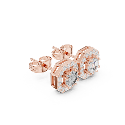 Asscher Round Cut Lab Grown Diamond Stud Earrings in Rose Gold