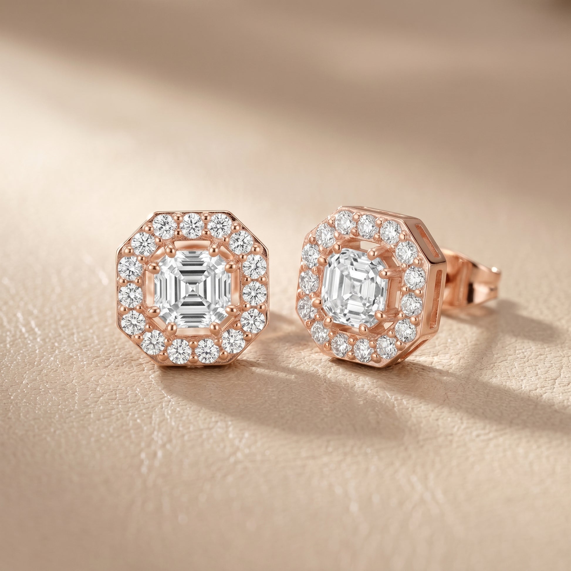 Asscher Round Cut Lab Grown Diamond Stud Earrings in Rose Gold
