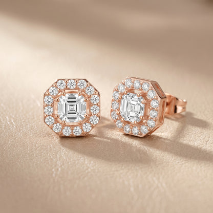 Asscher Round Cut Lab Grown Diamond Stud Earrings in Rose Gold