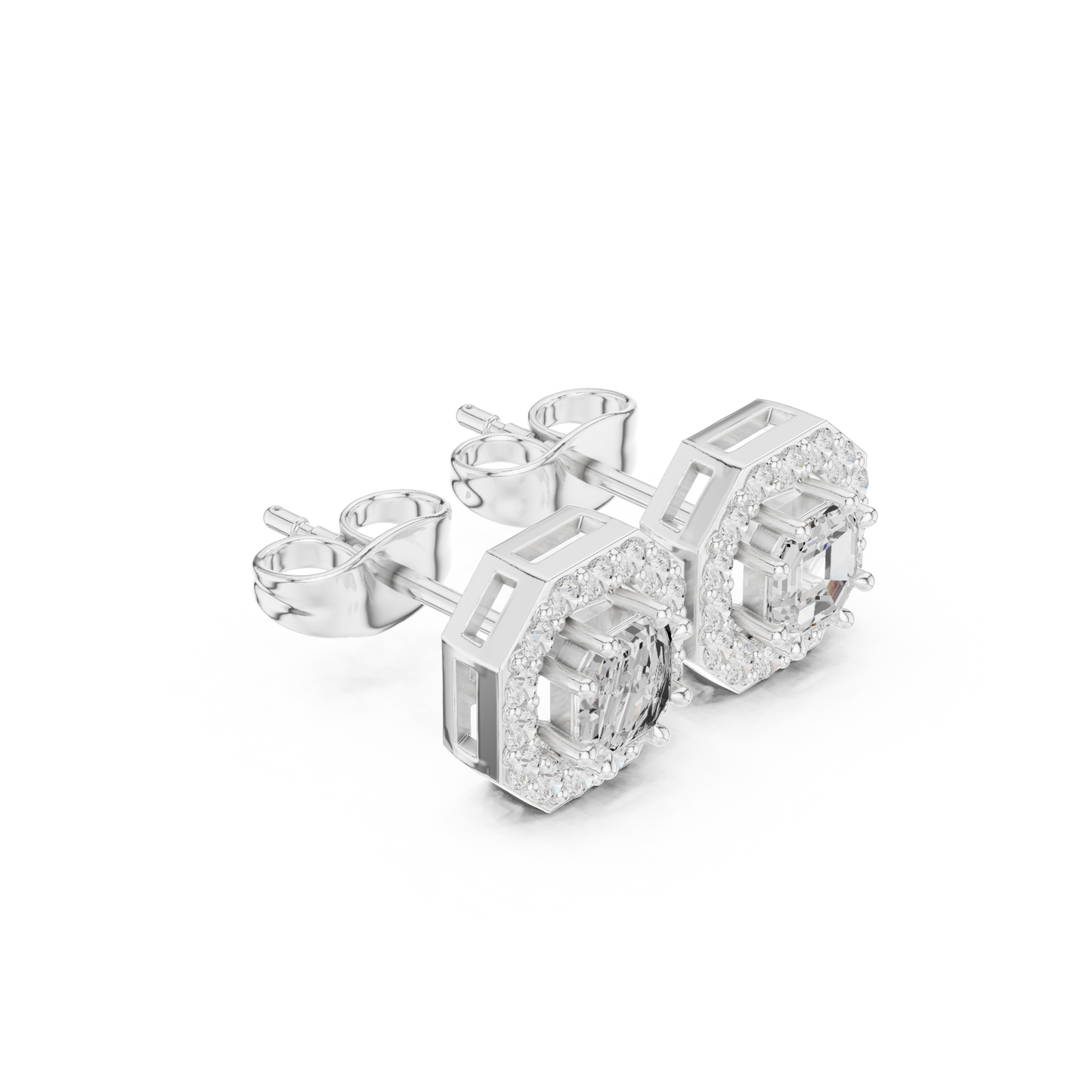 Asscher Round Cut Lab Grown Diamond Stud Earrings in White Gold