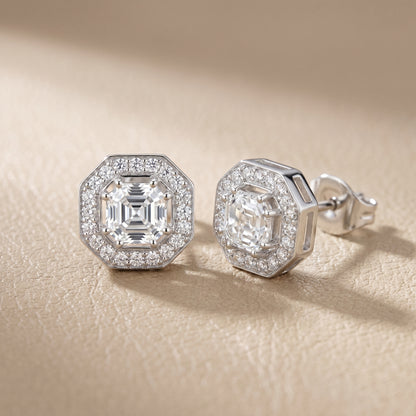 Asscher Round Cut Lab Grown Diamond Stud Earrings in White Gold