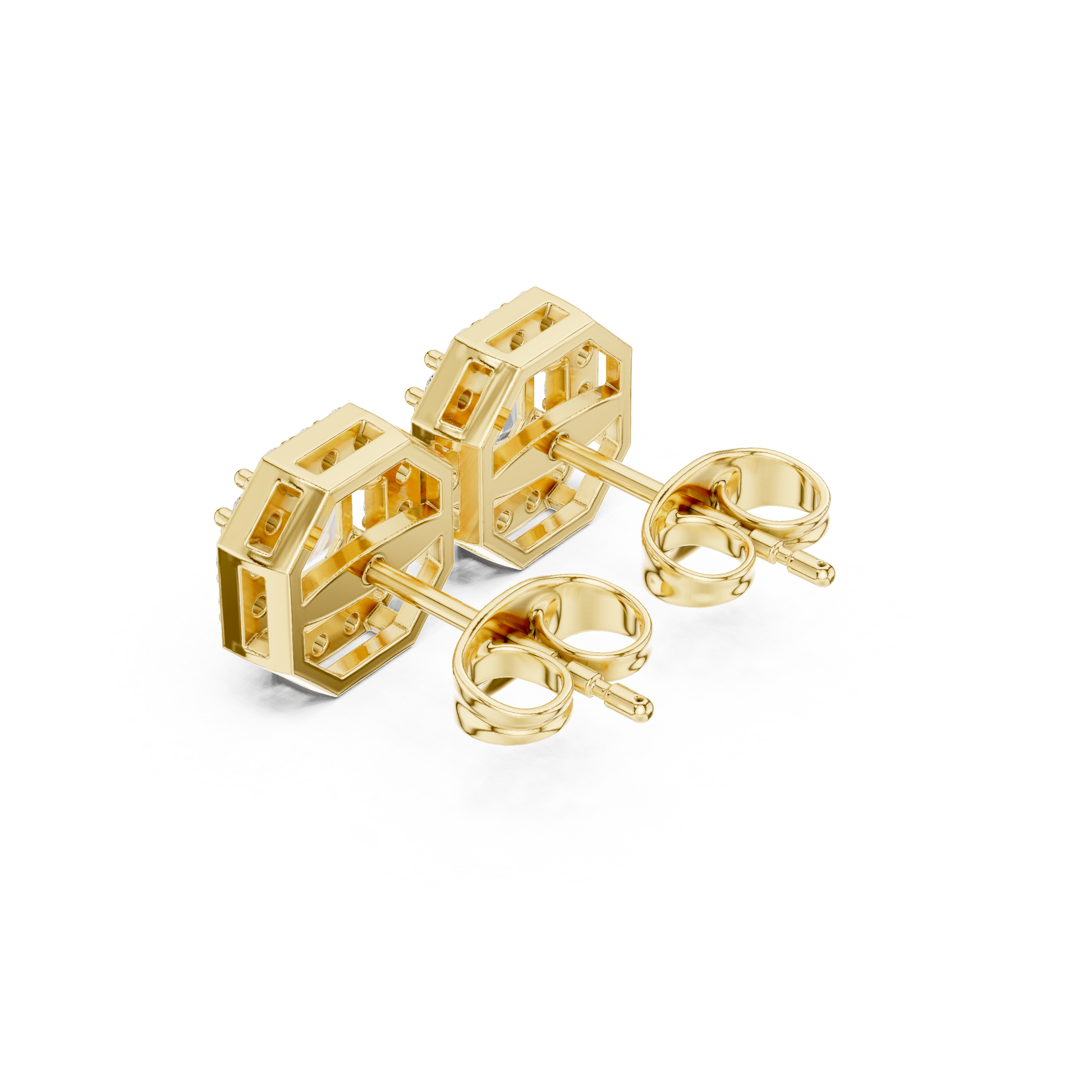 Asscher Round Cut Lab Grown Diamond Stud Earrings in Yellow Gold