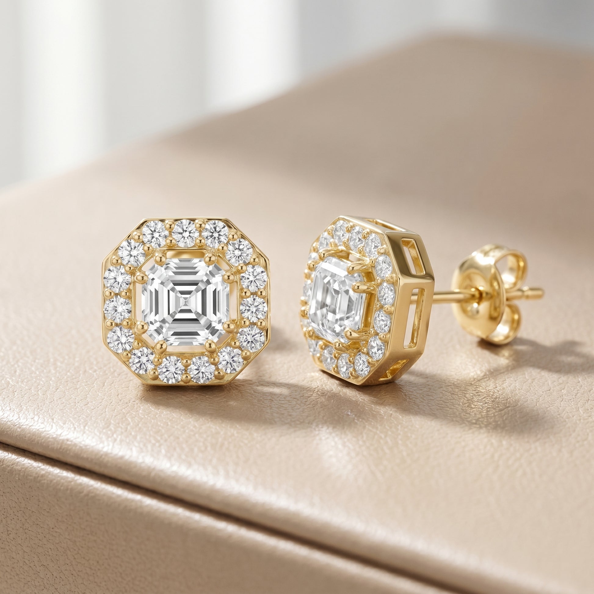 Asscher Round Cut Lab Grown Diamond Stud Earrings in Yellow Gold