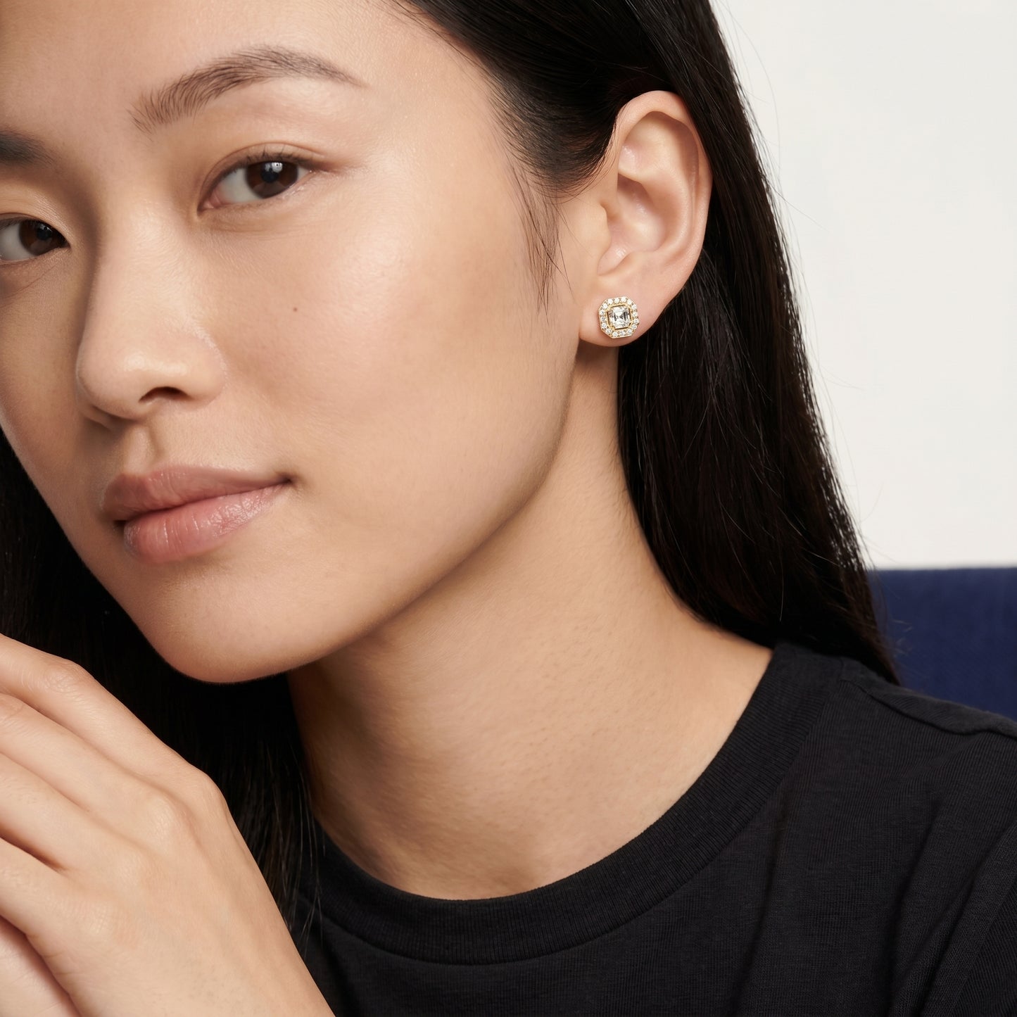 Asscher Round Cut Lab Grown Diamond Stud Earrings in Yellow Gold