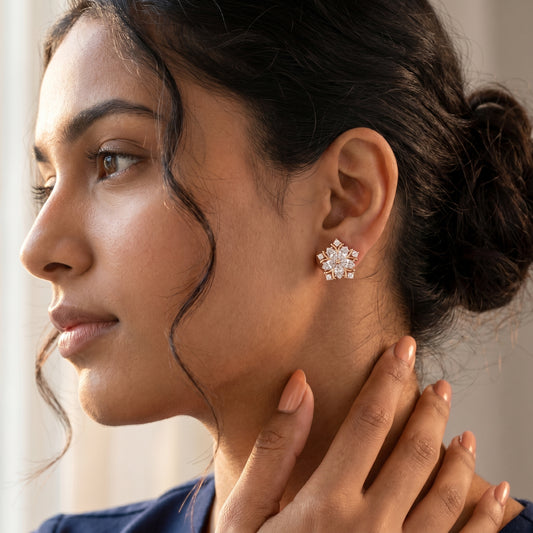 Subtle Floral Lab Grown Diamond Stud Earrings in Rose Gold