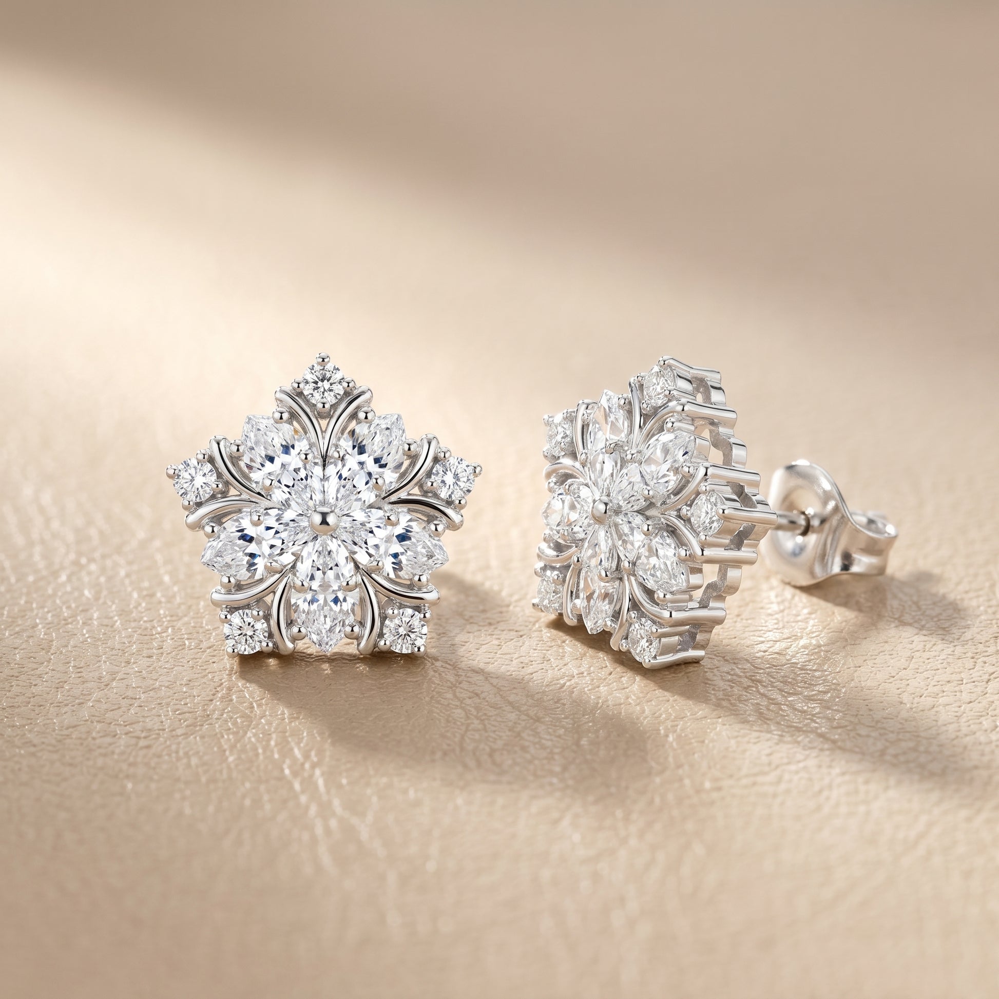 Subtle Floral Lab Grown Diamond Stud Earrings in Silver