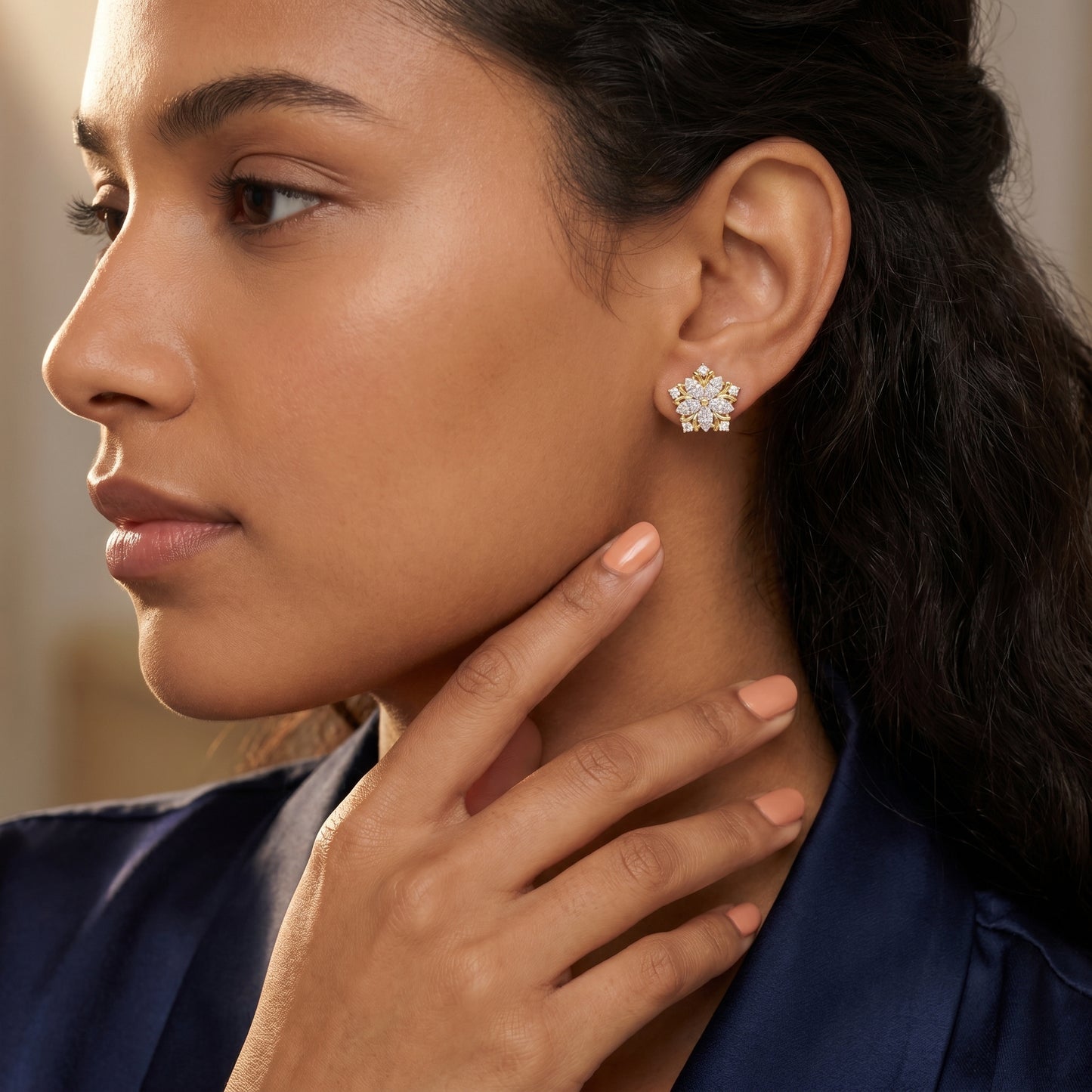 Subtle Floral Lab Grown Diamond Stud Earrings in Yellow Gold